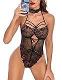 Avidlove Damen Strappy Dessous Teddy mit Choker Spitze Bodysuit Einteiler Babydoll, khaki, X-Larg