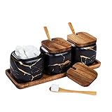 Gewürzgläser Set, 3 Stk Keramik Zuckerdose mit Deckel und Löffel für Haus und Küche, Alternative zu Gewürzständer und Gewürzregal für Küche und Esstisch, Schwarzes M
