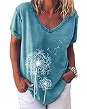 Minetom Damen Sommer Kurzarm Blusen T-Shirt V-Ausschnitte Loose Oversize Shirt Einfarbig Casual Brief Bedruckt Asymmetrisch Oberteile Top E Blau 44