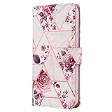 Schutzhülle für iPhone 8 Plus/iPhone 7 Plus, Marmor-Glitzer-Linie, stoßfest, PU-Leder, Klapphülle, Magnetverschluss, Standfunktion, 3 Kartenhalter mit Gurt, Blumen-Design, Rotg
