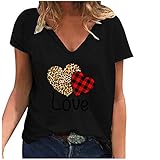 T-Shirt Frauen Casual Fashion Loose V-Ausschnitt Bedruckte kurzärmelige Tops (XXL,3Schwarz)