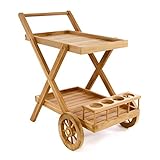 Divero Servierwagen aus Teakholz, behandelt - Teewagen Rollwagen Küchenwagen - mit Rädern, 2 Abstellflächen und Flaschenhalterung