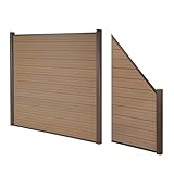 Mendler WPC-Sichtschutz Sarthe, Windschutz Zaun, Alu-Pfosten - 2er Set schräg, 2,82m Teak