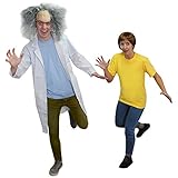 VERÜCKTER PROFFESSOR+FREUND =PAARE KOSTÜM VERKLEIDUNG=FREUND-GELBES TSHIRT+BRAUNE PERÜCKE=PROFFESSOR-KITTEL+PERÜCKE+BLAUES TSHIRT=DAS PAAR = BLAUES TSHIRT+KITTEL-SMALL + GELBES TSHIRT-SMALL