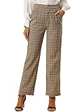 Allegra K Damen Casual Plaid Hosen Taschen Gerades Bein Arbeit Büro Hosen, hellbraun, 34