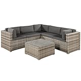 Juskys Polyrattan Lounge Nassau wetterfest – Gartenmöbel Set mit Ecksofa, Tisch & Auflagen - Gartenlounge für 5 Personen – Sitzgruppe Beige-G