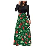 SoLu DAY8 Weihnachtskleid Damen Böhmischen Rentier Gedruckt Bodenlänge Maxikleid Abendkleider Weihnachtsmotiven Hoher Taille Kleider Partykleid Weihnachtskleider Wickelkleid Festk