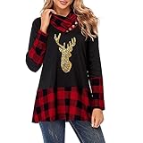 Weihnachts Sweatshirt Frauen Damen Langarm Sweatshirts Elegant Stehkragen Patchwork Karierthemd Lose Saum Plissee Hemden Weihnachten Theme Kleidung Xmas Pulli Shirts Top für Teenager M