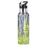 Wasserflasche mit Lavendelfeldblumen-Motiv, mit Strohhalm-Deckel, vakuumisolierte Edelstahlflasche, hält heiß und kalt, Thermoflasche für Sport, Fitnessstudio, Schule, 590