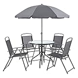 [en.casa] Gartenmöbelset Milagro 6-TLG. Loungeset Sitzgruppe Terasse Sitzgarnitur Tisch 4 Stühle und Sonnenschirm Witterungsbeständig Schwarz Dunkelg