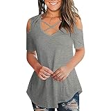 KIMDOO Damen Schulterfrei Kurzarm T-Shirt V-Ausschnitt Criss Cross Oberteile Freizeitkleidung Shirts Bluse Casual Tunika Tops (A-Grau, L)