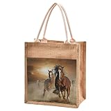 Natürliche Jute-Tragetasche, zwei Pferde-Handtaschen mit Baumwollgriffen, wiederverwendbar, mit Reißverschluss, groß, Einkaufsgeschenk, Lunchtasche, braun, Larg