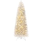 Yorbay künstlicher Weihnachtsbaum 180cm schmal Silber Bleistiftbaum mit LED Beleuchtung Schnee Tannenbaum für Weihnachten-Dekoration, Silberweiß