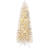 Yorbay künstlicher Weihnachtsbaum 180cm schmal Silber Bleistiftbaum mit LED Beleuchtung Schnee Tannenbaum für Weihnachten-Dekoration, Silberweiß