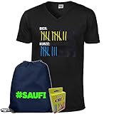 T-Shirt mit Tafelfläche inkl. Kreide und Gym Bag Bier Schnaps Strichliste Zähler Alkohol Kurze Tafel Malle Mallorca Saufen Party Eskalation (Herren V-Neck Farbe Navy) (M)