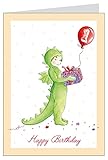 'Happy Birthday' Süße Glückwunschkarte für Mädchen/Junge mit einem Drachen Kind zum 1. Geburtstag mit Geschenk, Konfetti, Luftballon mit Zahl 1 Klappgrußkarte in creme/beige (Mit Umschlag) (1)