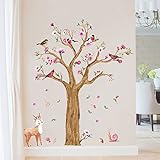 WandSticker4U®- XXL Wandtattoo Kinderzimmer GROSSER Aquarell BAUM in Braun I Wandbild: 145x170 cm I Wandsticker Mädchen Junge Blumen Wald-tiere Reh Eule I Wand Aufkleber Baby-zimmer Dek