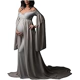 HANHJ VIIPOO Mutterschaftskleid Fotografie Kleid Schwangere Frauen Große Größe Maxi Kleid Schwangerschafts Kleid Foto Shooting Kleid Chiffon Hochzeit Kleid Langarm Party Kleid,Grau-XL