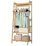 Kleiderständer Bambus mit Kleiderstange Kleiderstangestab Garderobenständer mit Schuhregal Garderobe mit 2 Haken 3 Ablagen Kippsicherung 164x70x42