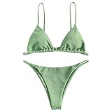 ZAFUL Bikni Damen Strukturierte Krawatte String Bikini Bademode Dreieck Gesmokte Badeanzüge Zweiteiliges Bikini Damen Set Grün,M