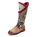 gracosy Hohe Stiefel Damen, Warme Fell Gefüttert 2019 Winter Stiefel mit Absatz Leder Kniehohe Reitstiefel Schnee Schuhe Bohemian Gestickt Bunte Druck Blume Arbeits Langschaftstiefel Overk