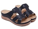 SMajong Damen Leder Pantoletten Sommer T-Spange Sandalen Plateau Keilabsatz Hausschuhe Freizeit Offene Slide Sandalen Dunkelblau Gr.39 EU