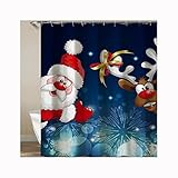 Homxi Duschvorhang Antischimmel 180 x 180,Polyester Duschvorhang Weihnachtsmann und Hirsch Badewannenvorhang Waschbar Dunkelblau R