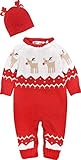 ZOEREA Unisex Neugeborenes Baby Strick Strampler Lange Ärmel Watte Warme Pullover Elch Hirsche Muster mit Antlers Hut für Weihnachten Etikett 80 R