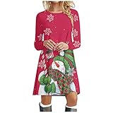 PcLeam Damen Weihnachtskleid Minikleider Weihnachtsdruck Lang Pullover Langarm Oberteil Blusekleid Langarmshirt Frauen Festliche Weihnachts KostüM(Wassermelonenrot,XXL)