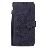 Miagon Hülle für Xiaomi Mi 10T Pro,Schutzhülle PU Flip Leder Brieftasche Handytasche mit Retro Schmetterling Entwurf Kartenfächer Klapp Handyhülle,Schw