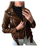 LIEIKIC Damen Mode Lederblusen Kunstlederjacke mit Kapuze Vintage Kurze Lederjacke Pu Imitat Bikerjacke Motorradjacke Revers mit Reißverschluss Lederimitat Bomberjacke Übergangjack