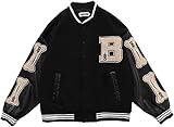 SKYWPOJU Herren Varsity College Jacke Baseballjacken PU-Leder Baseball Bombermantel (Color : Black, Size : S)