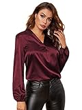 DIDK Damen Blusen Langarm Oberteil Satin Top mit V Ausschnitt Bluse Tunika Lässig Oberteile Laternenärmeln Bordeaux S