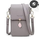Mini Handy Umhängetasche Leder mit Handykette Universal zum Umhängen Elegant Kleine Crossbody Geldbeutel Handytasche zum Umhängen Damen Handy Tasche für iPhone 13/13 Pro Handy unter 6.5'' (Grau)