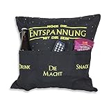 Kamaca Originelles Dekokissen Kissen MÖGE DIE ENTSPANNUNG MIT DIR Sein mit 3 Taschen zum selber Befüllen Größe 43x43 cm tolles Geschenk für EIN gelungenen Sofaabend Filmabend (Entspannung)