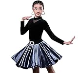 ZYLL Mädchen Latin Dance Kleid, Abend Party Bühnenshow Kleidung Herbst und Winter Langarm Ballsaal Wettbewerb Kostüme Set,Grau,3XL