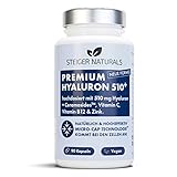 Hyaluronsäure Kapseln – Hochdosiert: 510 mg. 90 Stück (3 Monate). Mit Ceramiden und Vitamin C, B12, Zink. Hyaluron mit 500-700 kDa. Veg