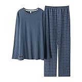 SXPRY Pyjama Set aus Baumwolle Zweiteiliger Herren Langarm Zweiteiliger Pyjamaset Bequeme Hausanzug Herren Nachthemd,Blau,XXL