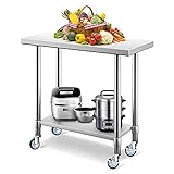 DREAMADE Arbeitstisch Edelstahl, Küchentisch mit höhenverstellbarer Ablage & verstellbaren Füßen, Edelstahltisch mit Rollen, 250 kg belastbar, 91,5 x 61 x 90 cm, für Küche Bar R