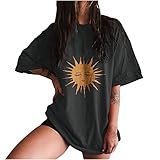 Plus Size T Shirt Damen Vintage lustige Totenkopf Sonne Mond Print Oberteile Pullover mit tiefem Ärmel Kurzarm Tee Tops mit Rundhalsausschnitt Basic All Match Tunika Bluse Streetw