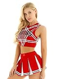 Doomiva Cheer Leader Kostüm Damen Cheerleading Kostüm Uniform Bauchfrei Oberteil und Mini Faltenrock Karneval Fasching Party Verkleidung T Rot S