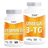 TNT – Omega 3 Kapseln Hochdosiert • Fischöl mit EPA & DHA ohne Zusätze • Laborgeprüft (Omega 150er + Vitamin D3 Depot (90 Kapseln))