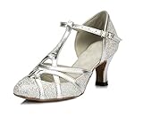 Minitoo qj6133 Damen Geschlossen Zehen High Heel PU Leder Glitzer Salsa Tango Ballsaal Latin t-strap Dance Schuhe, Silber Silver-6cm Heel.5,37.5 EU/5 U