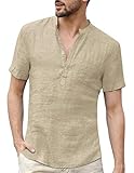 Yitrend Hemd Herren Kurzarm Leinenshirt, Männer Freizeithemd Henley Shirt Sommer Casual Hemden Leichte Atmungsaktives Bequem Sommerhemden Khaki XXL