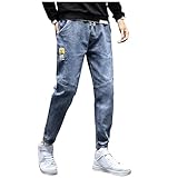 Julhold Herren Jeans Fleecehose Herbst Winter Denim Gerade Hose zum Anziehen Warme leichte Jogginghose mit elastischer Taille(Blau,4XL)