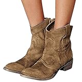 Wildleder Stiefeletten für Damen Western Cowboy Stiefeletten mit Niedrigem Absatz Reitstiefel mit Runder Zehenp