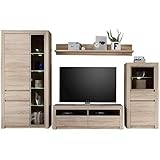 trendteam Wohnzimmer 4-teilige Set Kombination Sevilla, 318 x 200 x 51 cm in Eiche Sägerau Hell Dekor mit LED Glasbodenbeleuchtung in Warm Weiß