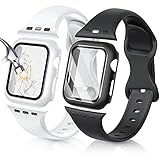 LeYi 2 Stück Strap & Smartwatch Cover für Apple Watch 44mm Series 6/SE/5/4,PC Schutzhülle Silikon Armband Hülle Vollschutz Schutz Band Case Silikonarmband für iWatch Series 6/SE/5/4 Weiß/Schw
