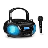 auna Roadie Sing Boombox - CD Player Bluetooth für Kinder, Ghettoblaster mit Sing-A-Long Funktion, USB, UKW Radio, Bluetooth 3.0, LED-Beleuchtung, inkl. Mikrofon, schw