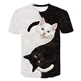 Kinder T-Shirts Casual 3D Schwarze und Weiße Katze Drucken Tops Short Sleeve O-Neck Oberteile für Mädchen Junge, Weiß, 8-9 J